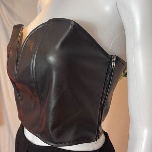 Micas Fierce Black Vegan Leather Strapless Bustier Crop Top Size Small - Picture 4 of 6